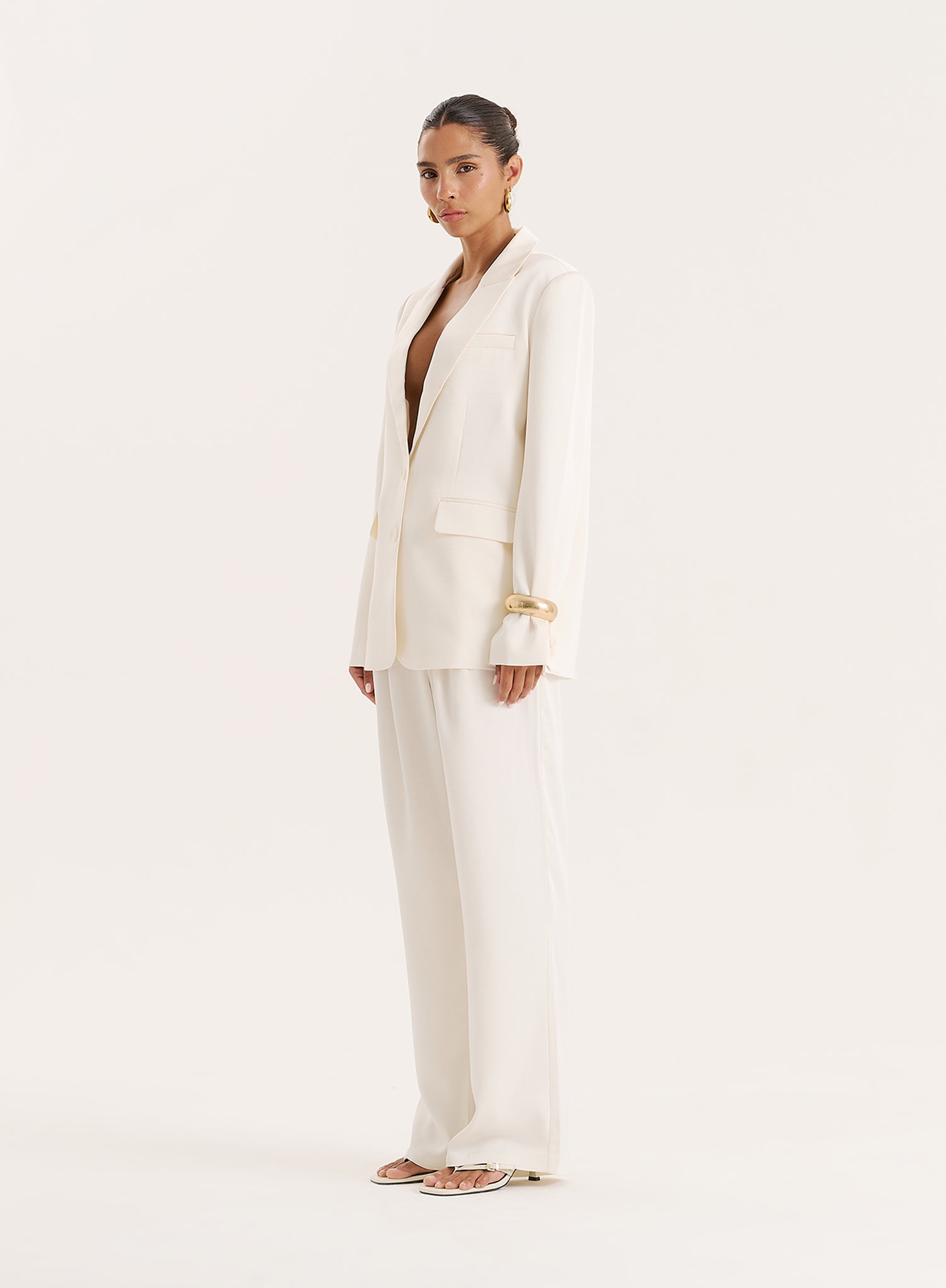 Cream Satin Tailored Straight Leg Trousers